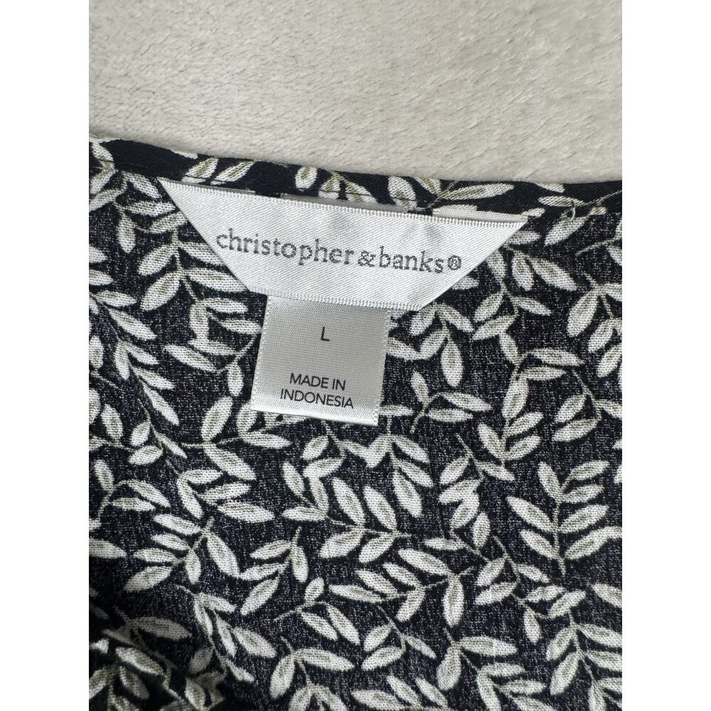 Christopher & Banks Womens L Black White Leaf Print Long Sleeve Ruffle - Picture 3 of 10
